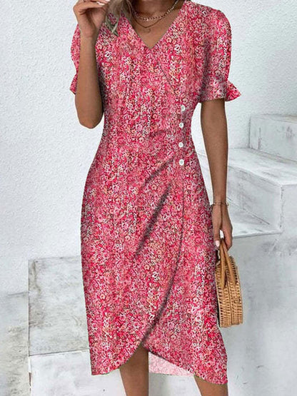 Full Size Printed Surplice Flounce Sleeve Midi Dress Deep Rose