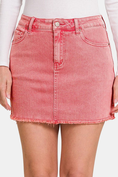 Zenana 90's Vibe Acid Wash Frayed Hem Skirt Coral