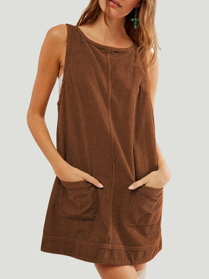 Mandy Round Neck Wide Strap Mini Dress with Pockets Brown