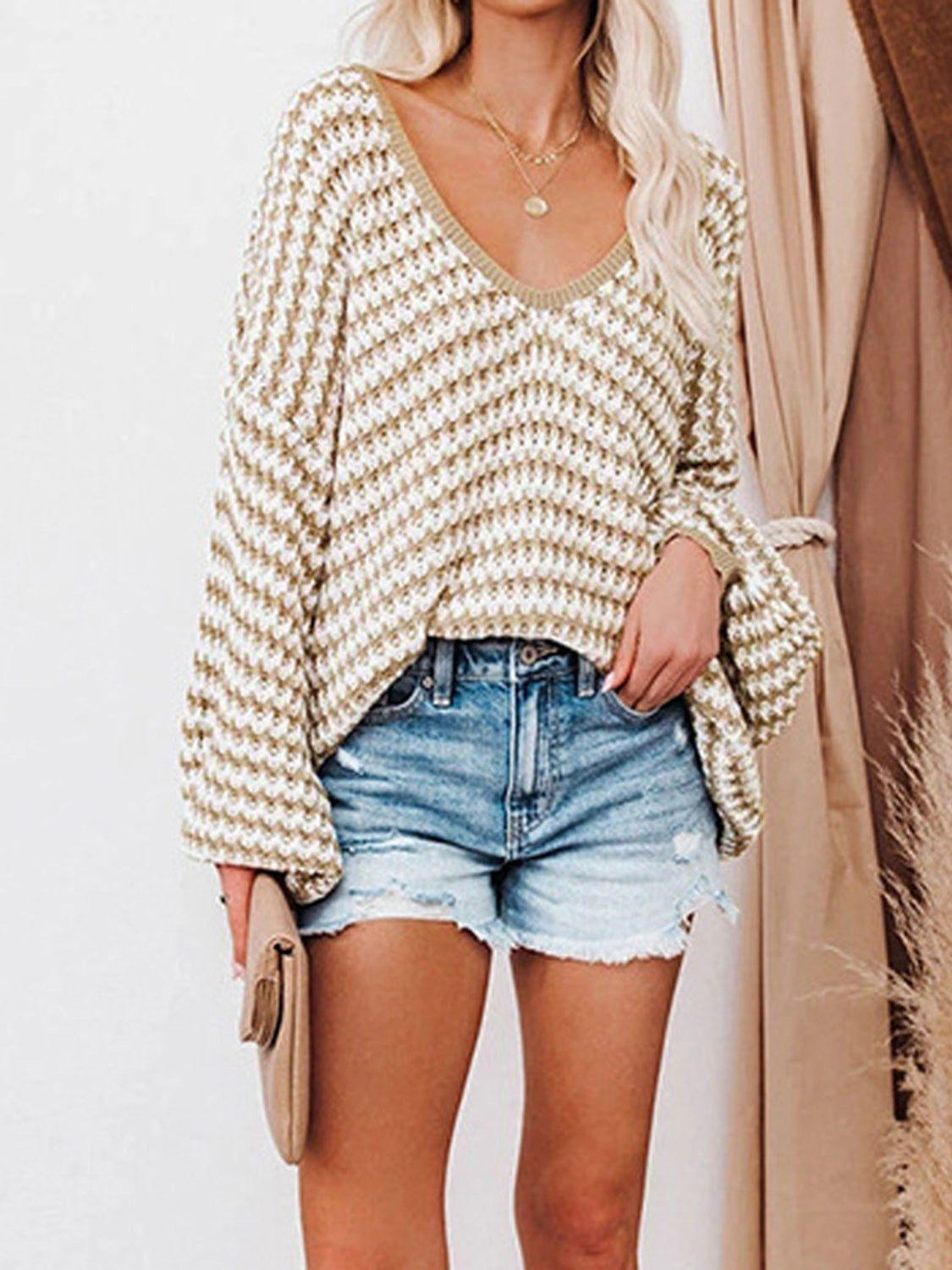 Striped Drop Shoulder V-Neck Sweater Dust Storm