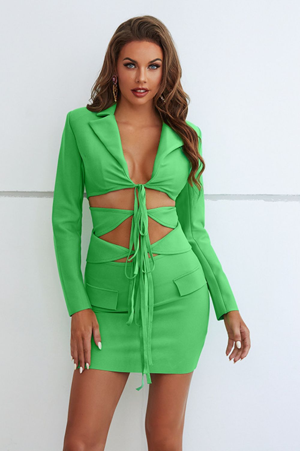 Cutout Tied Blazer and Skirt Set Green