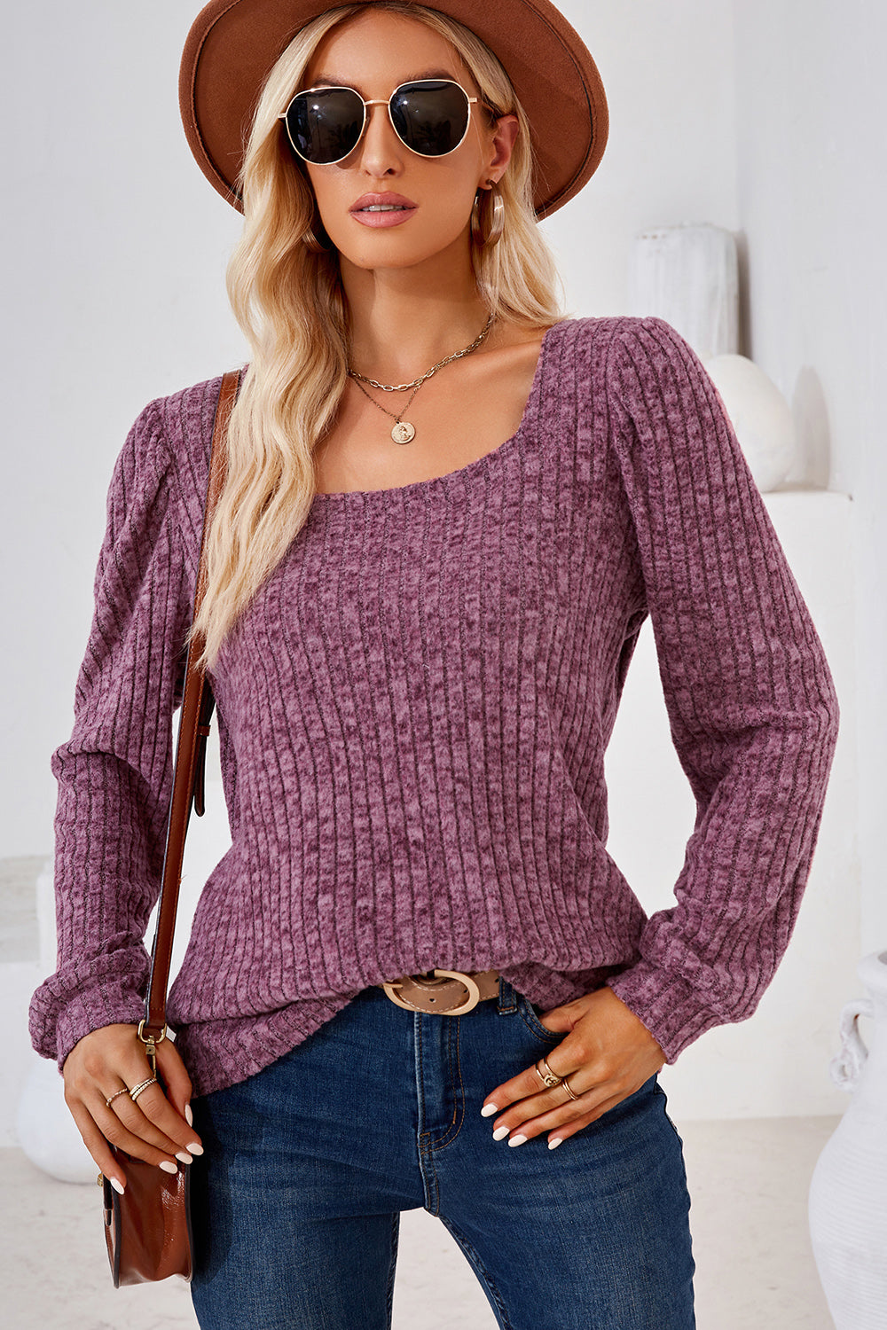 Ribbed Square Neck Long Sleeve T-Shirt