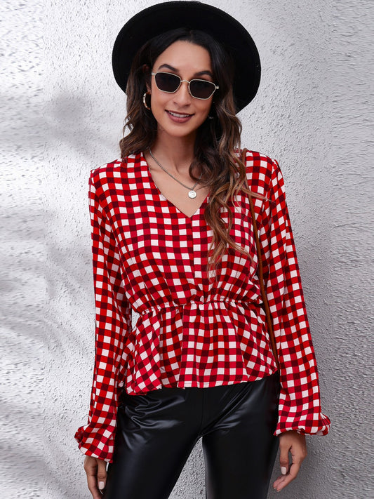 Plaid V-Neck Balloon Sleeve Peplum Blouse Deep Red