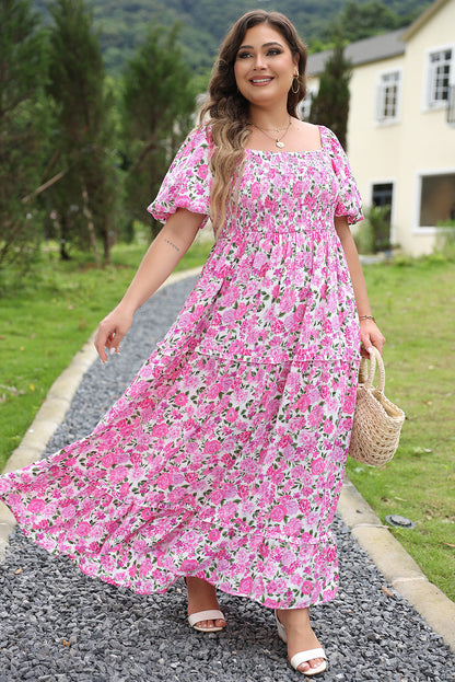 Pink Plus Size Floral Print Smocked Puff Sleeve Dress Pink 100%Polyester