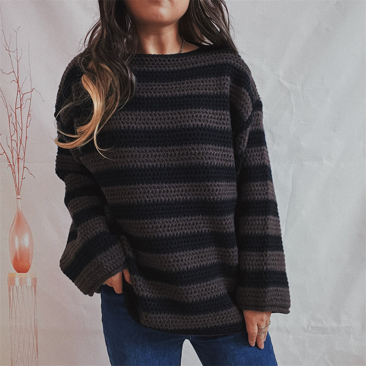 Striped Round Neck Long Sleeve Sweater Black