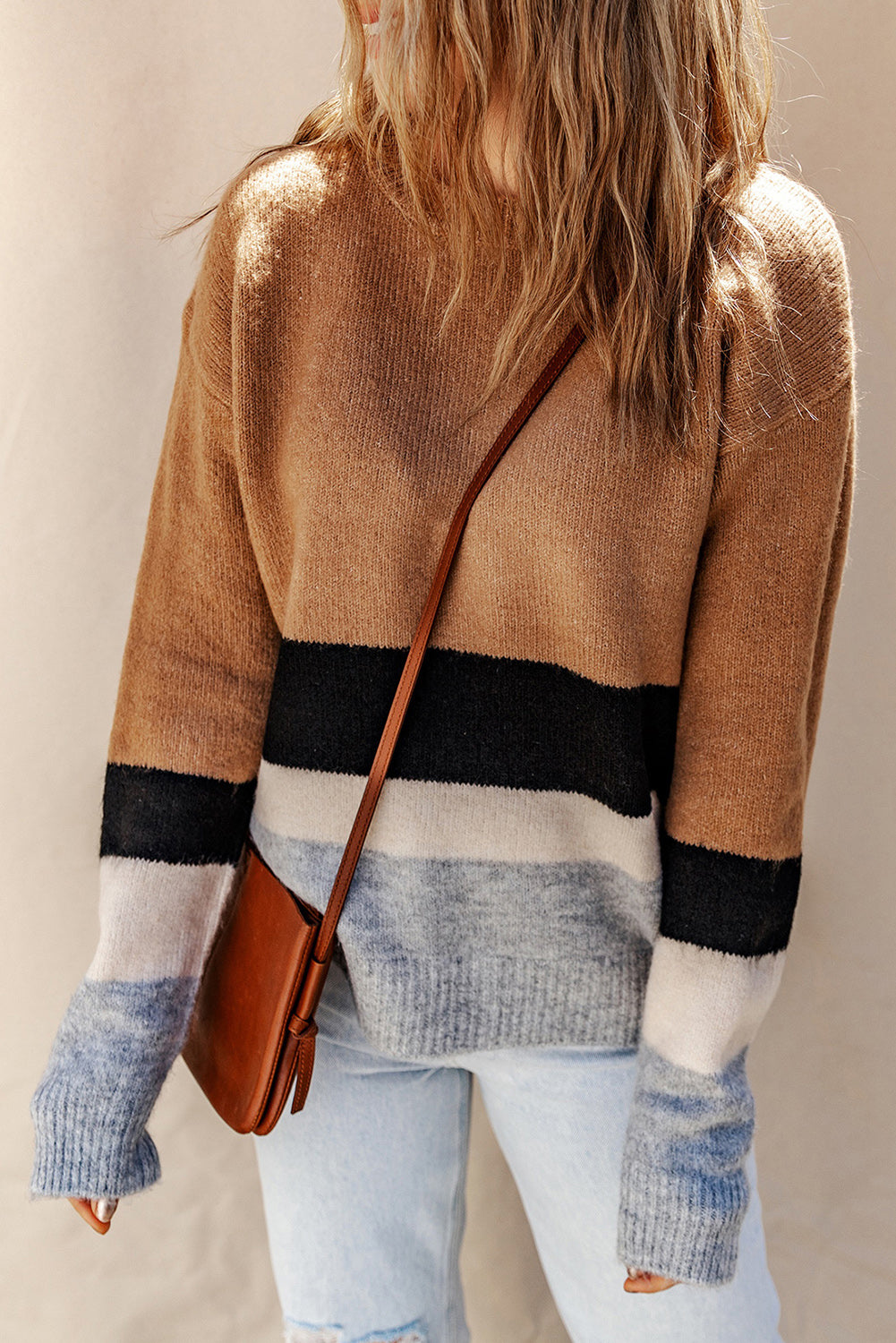 Color Block Round Neck Sweater Caramel