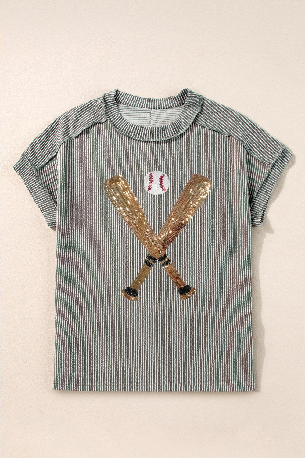 Sequin Baseball Round Neck Short Sleeve T-Shirt