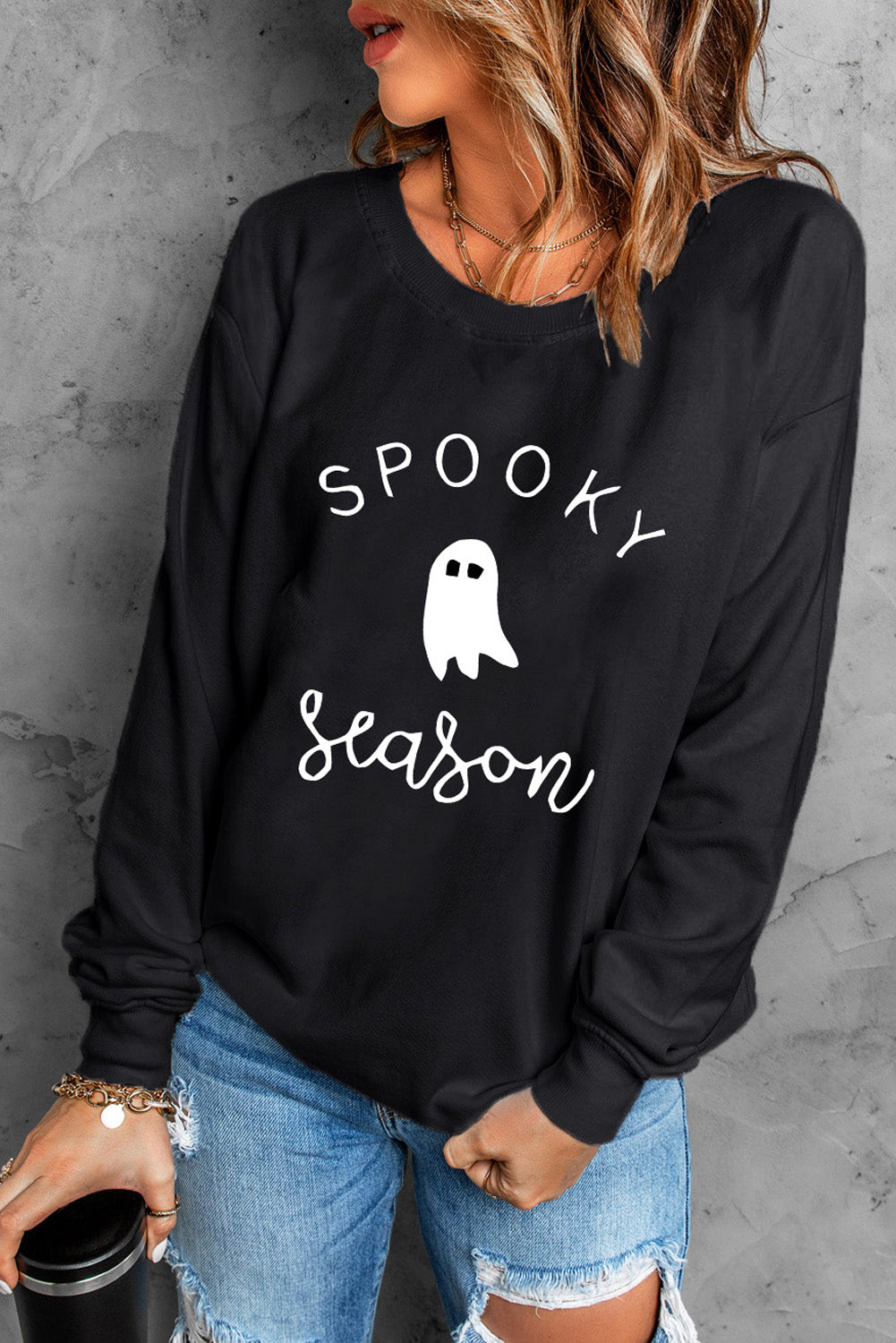 Round Neck Long Sleeve SPOOKY SEASON Graphic Sweatshirt Black