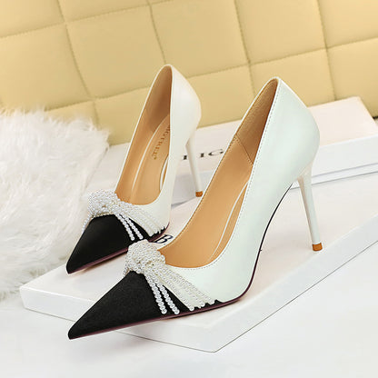 Fashion Shallow Mouth Color Matching Pointed Pearl Bow High Heels White