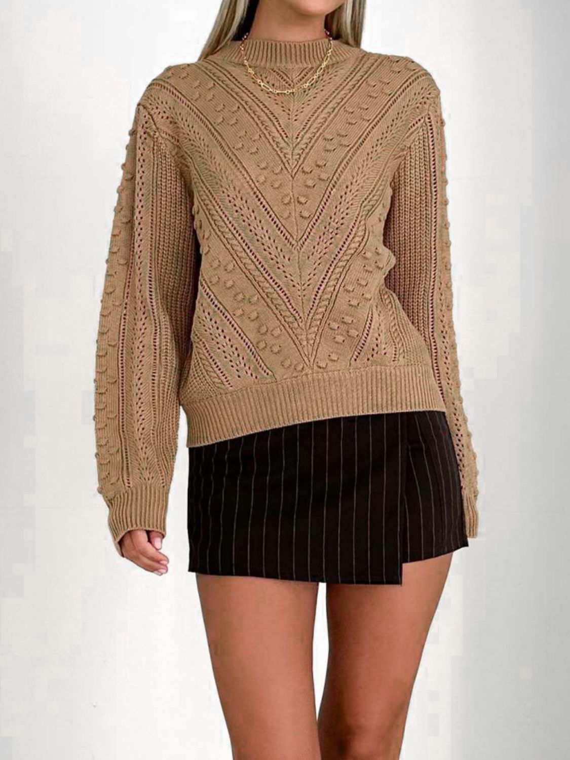 Openwork Round Neck Long Sleeve Sweater Camel