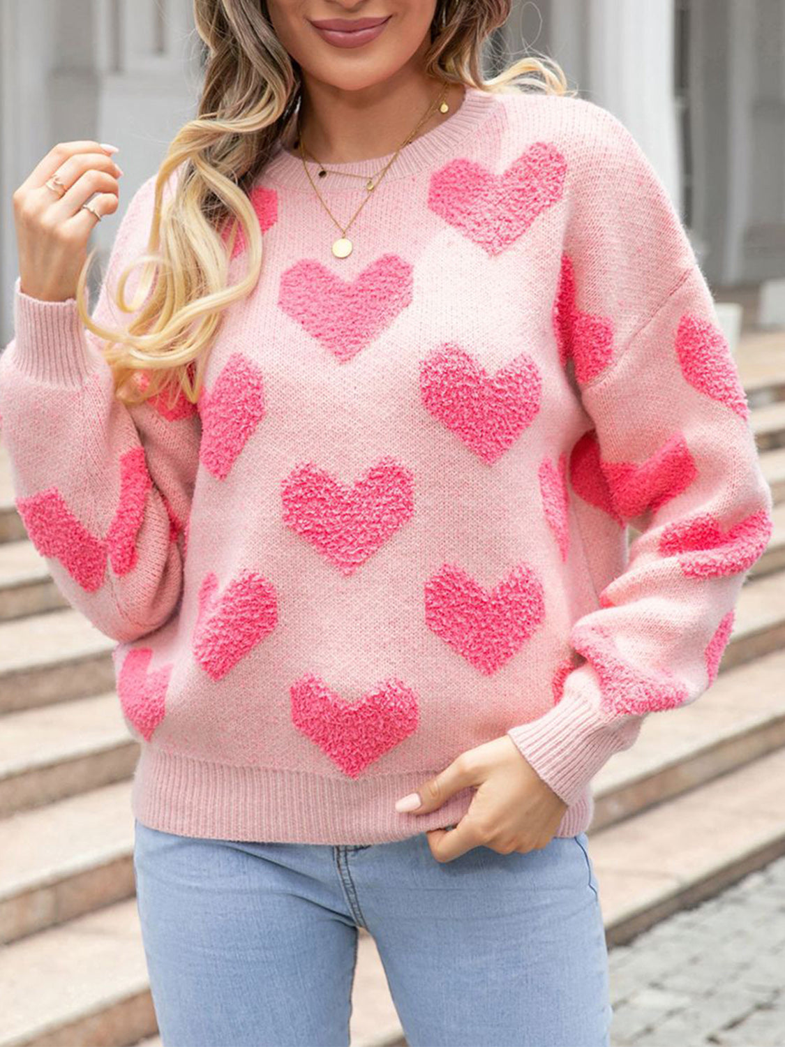 Heart Round Neck Dropped Shoulder Sweater Blush Pink