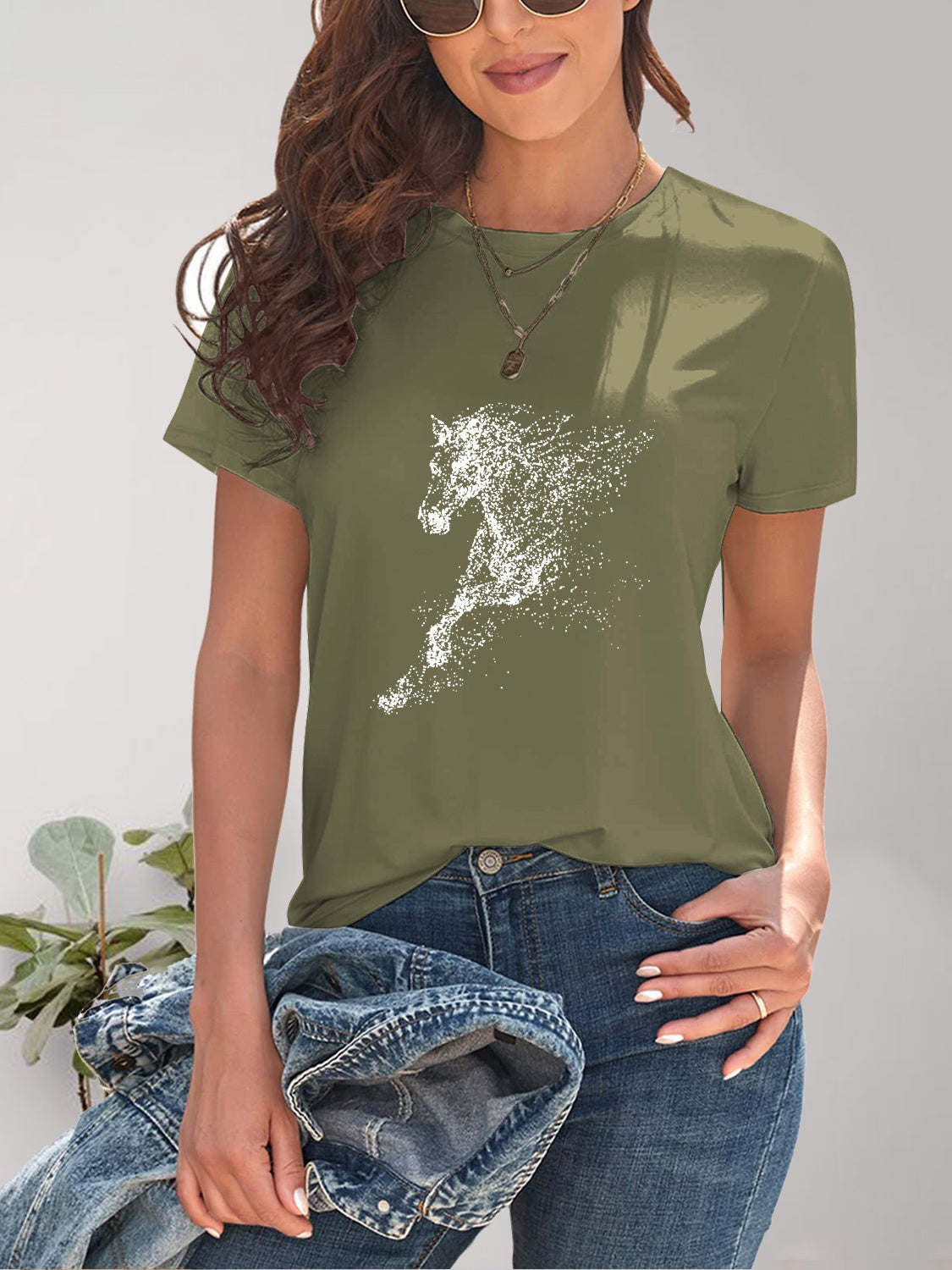 Horse Round Neck Short Sleeve T-Shirt Matcha Green