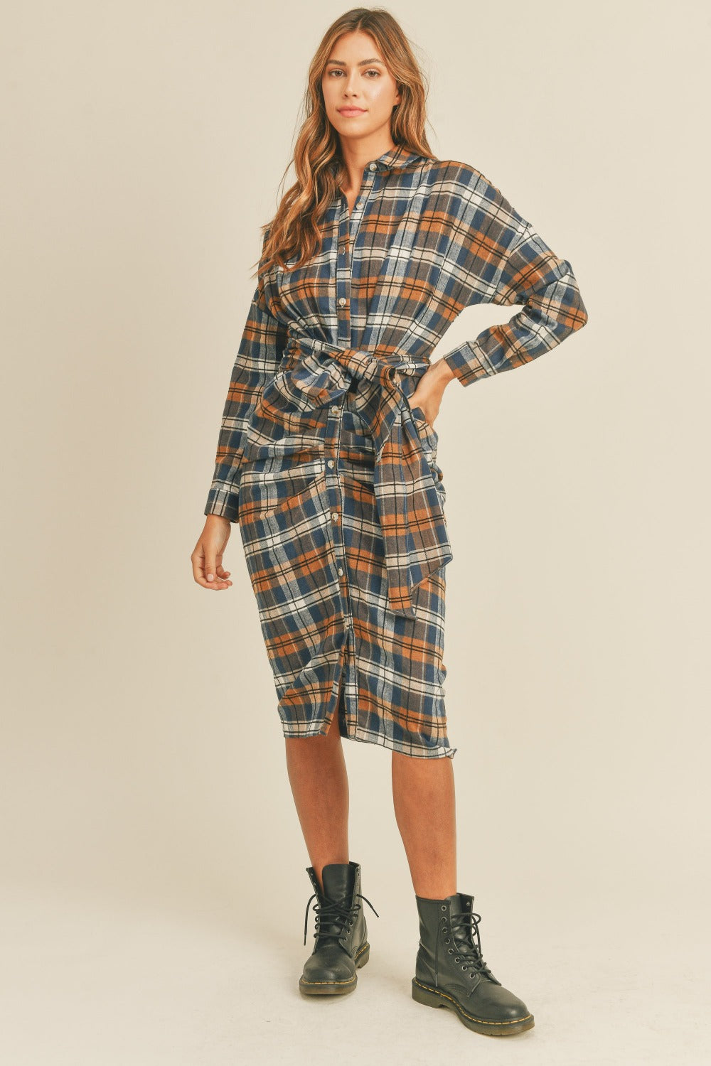 Mable Plaid Flannel Front Tie Button Down Shirt Dress Camel