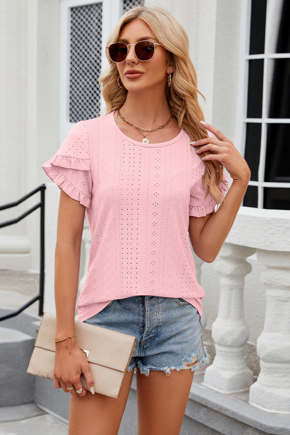 Eyelet Round Neck Petal Sleeve T-Shirt