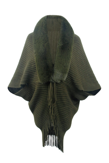 Fringe Detail Long Sleeve Ribbed Poncho Army Green One Size