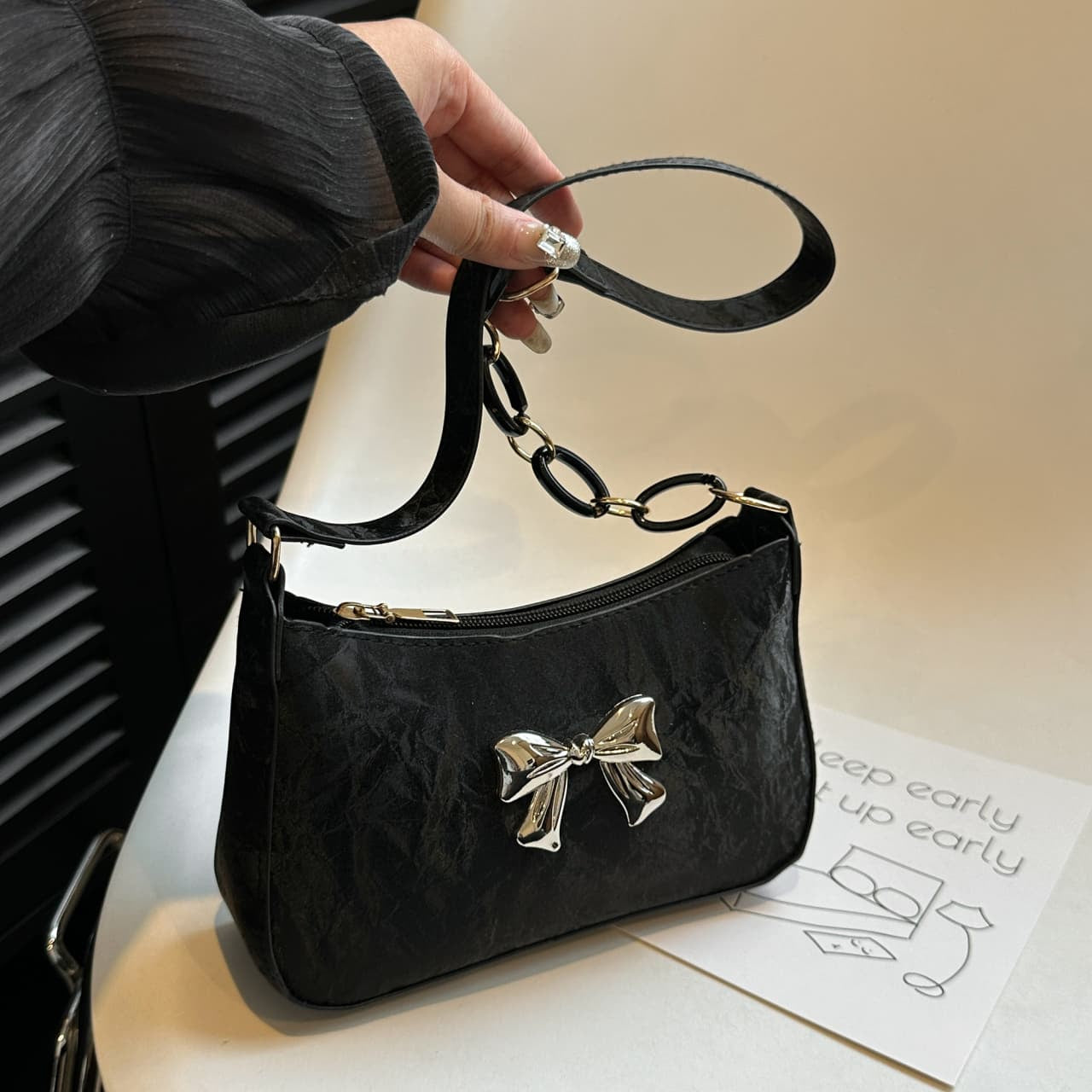 Bow PU Leather Shoulder Bag Black One Size