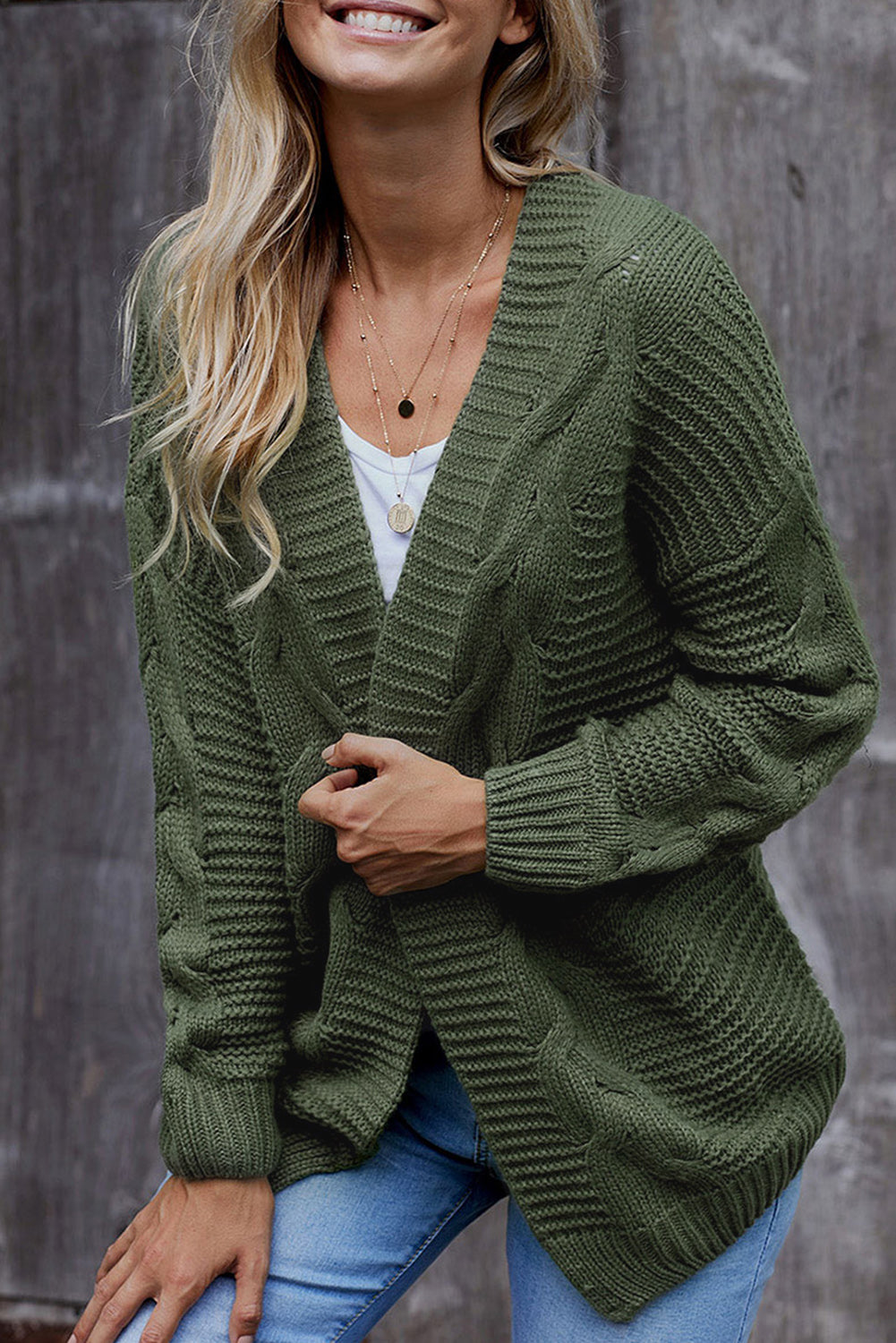 Waffle-Knit Open Front Dropped Shoulder Sweater