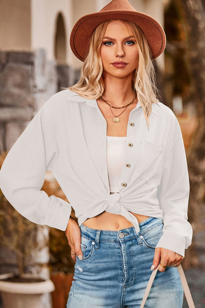 Twisted Collared Neck Long Sleeve Shirt White