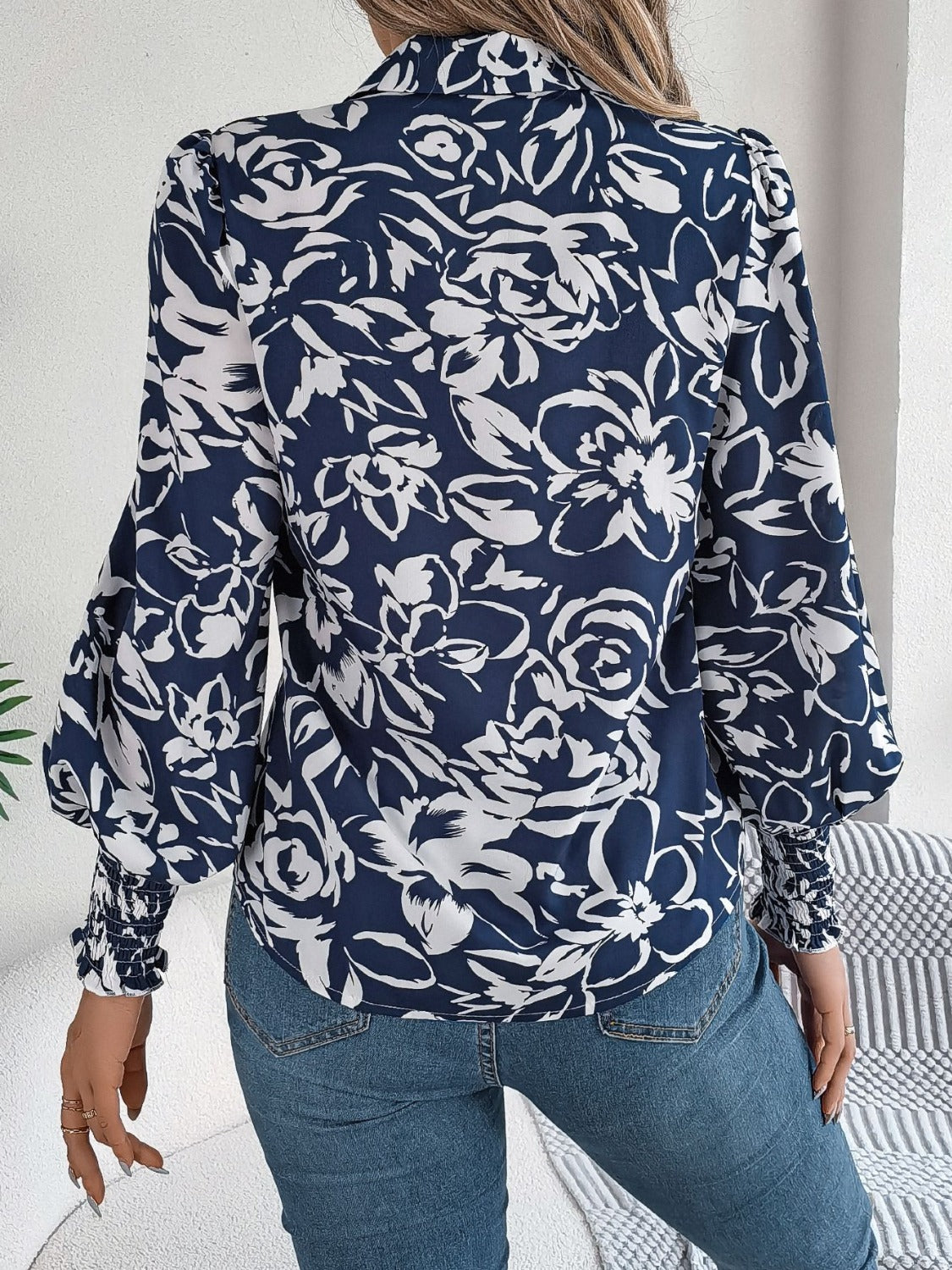 Printed Collared Neck Lantern Sleeve Shirt - Thandynie