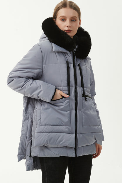 Light Grey Plush Linen Zip Up Hooded Puffer Coat