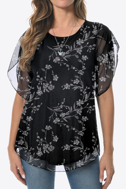 Printed Round Neck Curved Hem Blouse Black Floral