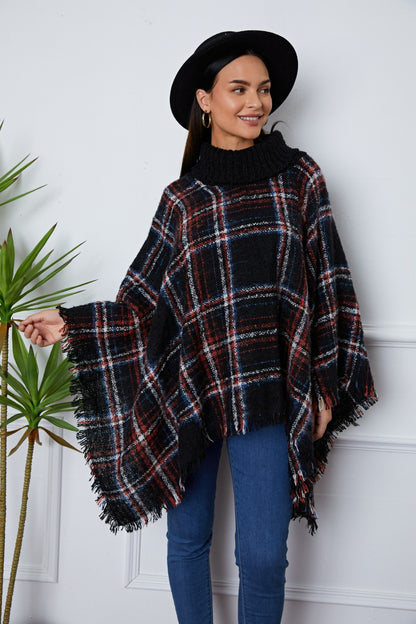 Turtleneck Plaid Raw Hem Sweater Black