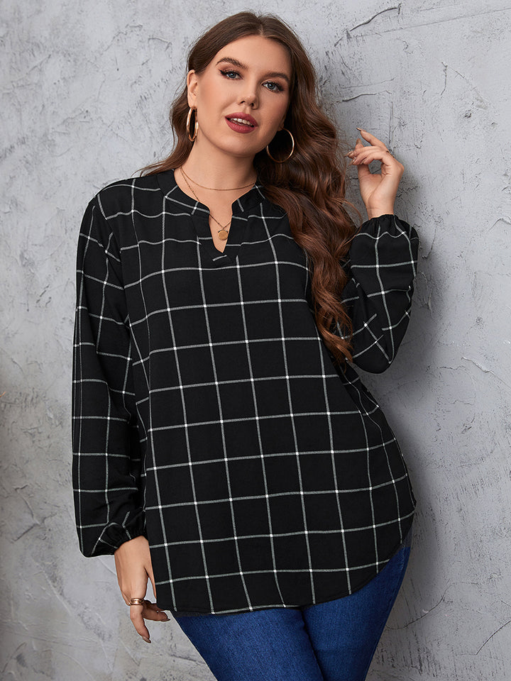 Plus Size Notched Neck Long Sleeve Blouse Black