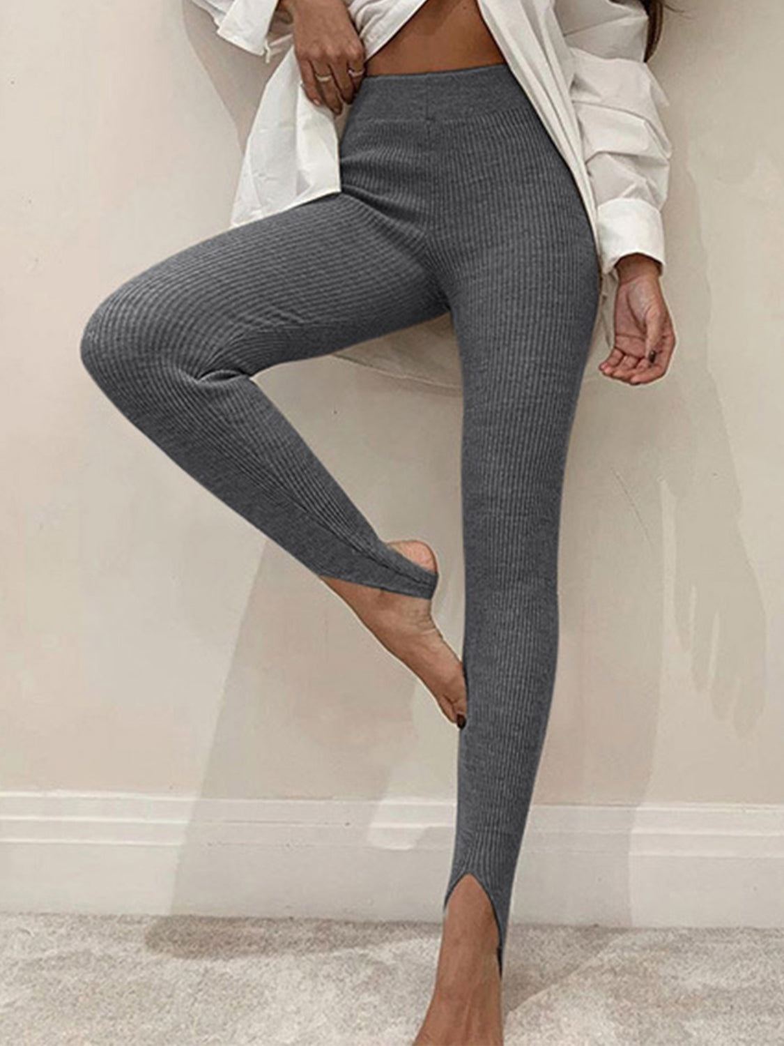 Ribbed Mid Waist Leggings Charcoal