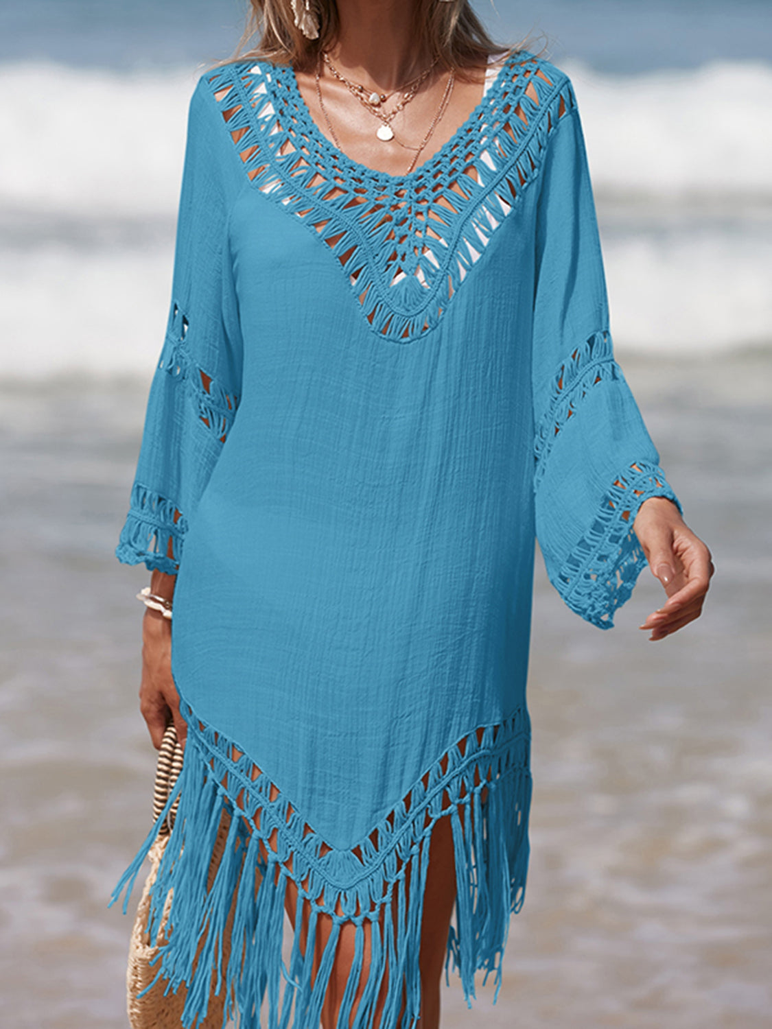 Cutout Fringe Scoop Neck Cover-Up Sky Blue One Size