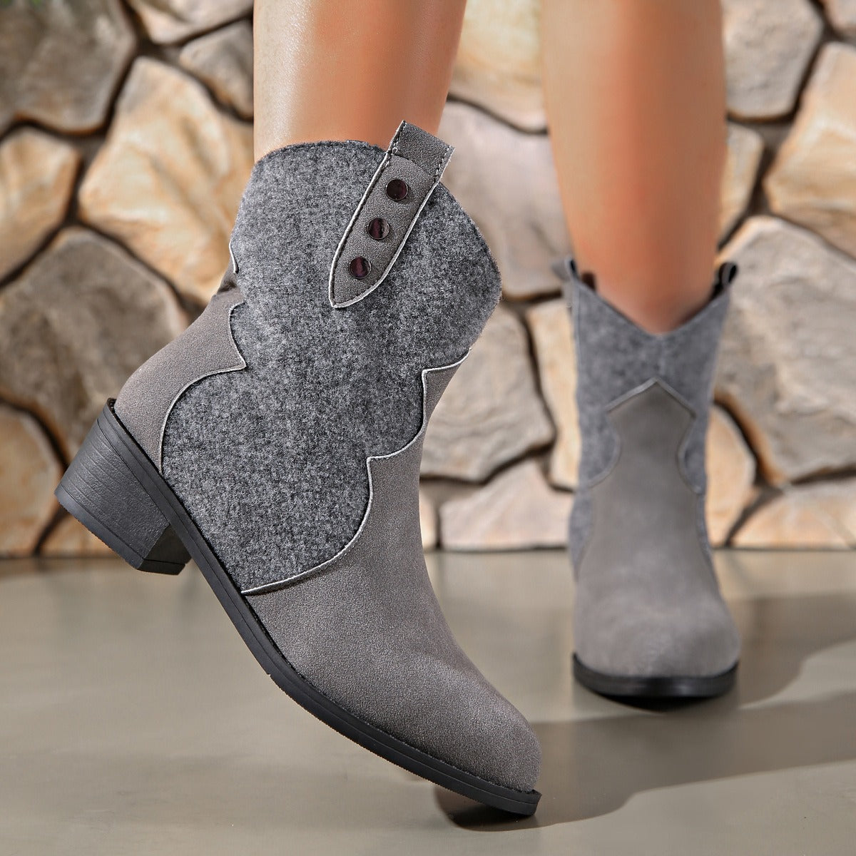 Suede Point Toe Block Heel Boots Gray