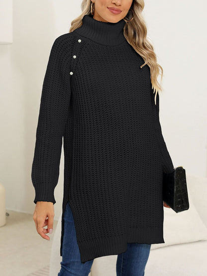 Slit Turtleneck Long Sleeve Sweater Black