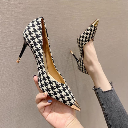 Ladies Plaid Pointed Toe Stiletto Pumps Plaid