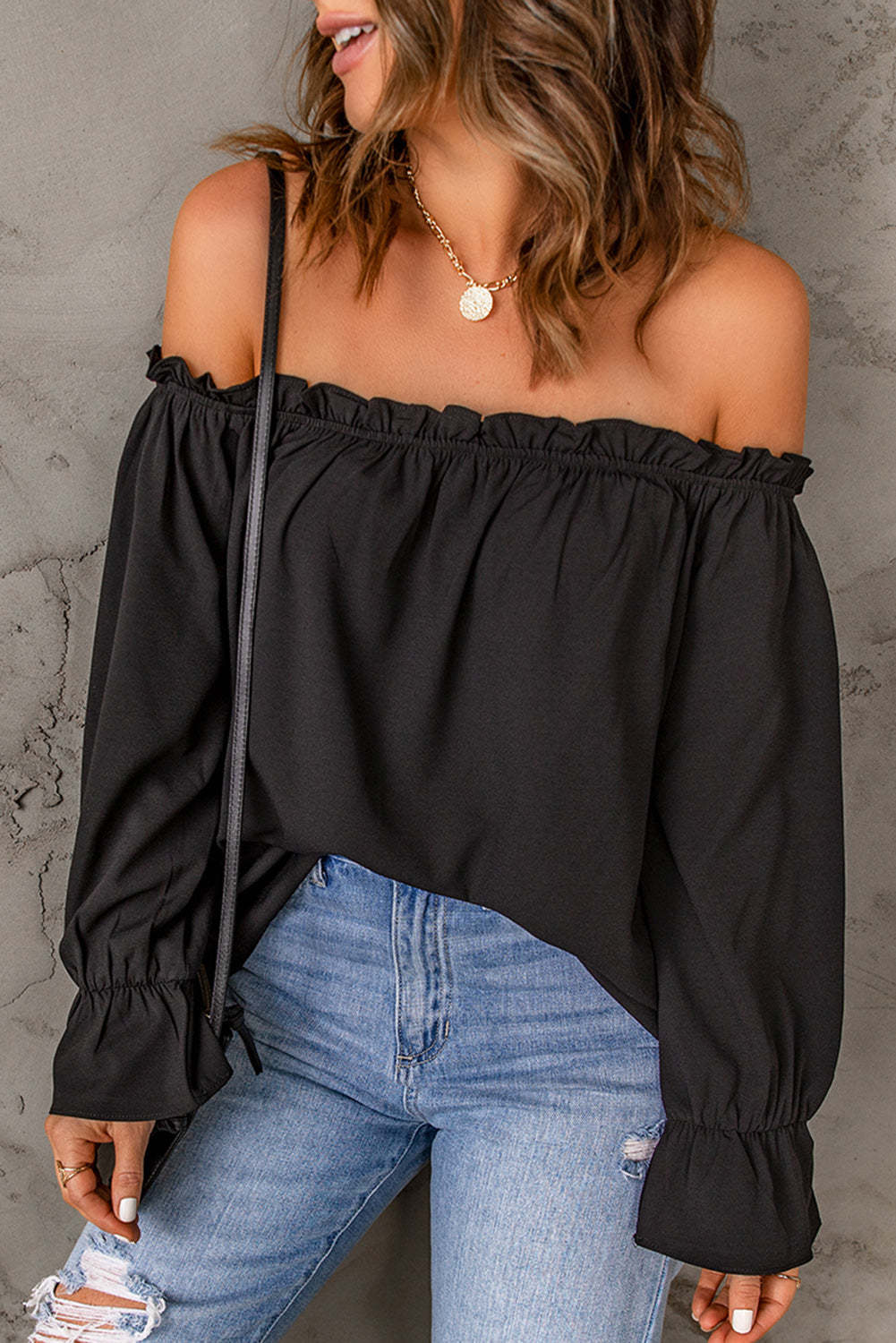 Off-Shoulder Flounce Sleeve Blouse Black