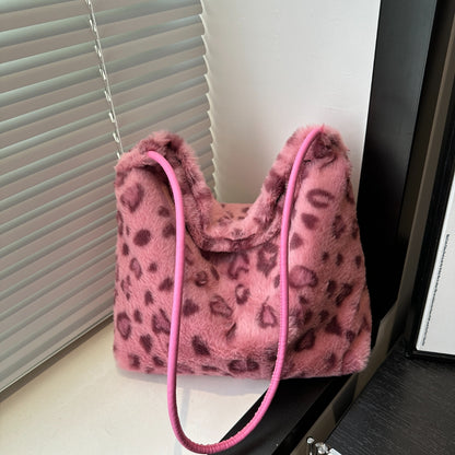 Leopard Furry Shoulder Bag Hot Pink One Size