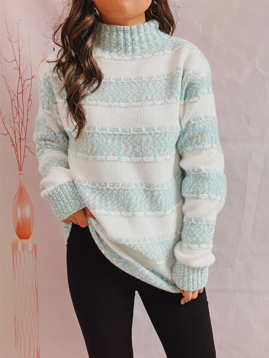 Striped Turtleneck Long Sleeve Sweater – Warm, Stylish Knit for Fall & Winter Light Green