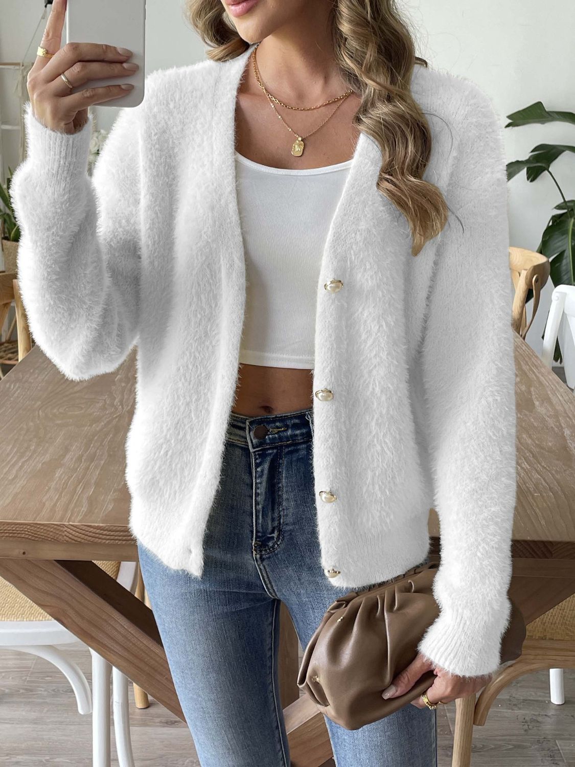 Button Up V-Neck Long Sleeve Cardigan White