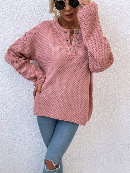 Quarter-Button Slit Sweater Dusty Pink