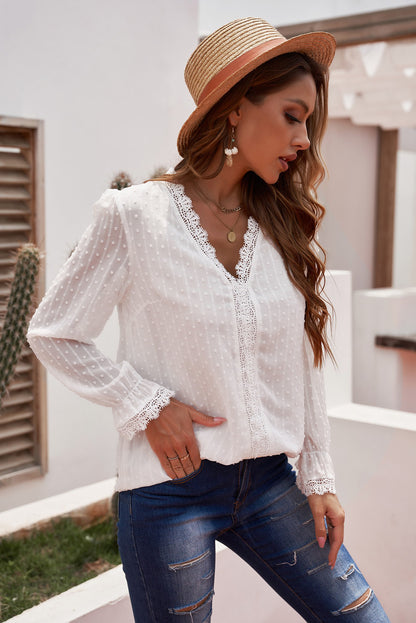 Swiss Dot Lace Trim Flounce Sleeve Blouse