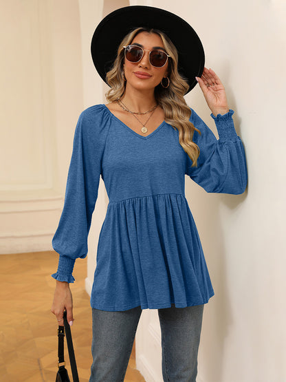 V-Neck Lantern Sleeve Blouse Sky Blue