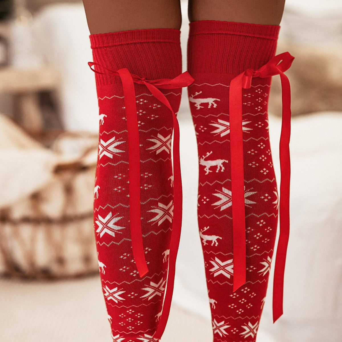 Christmas Element Bowknot Ribbed Trim Over Knee Stockings