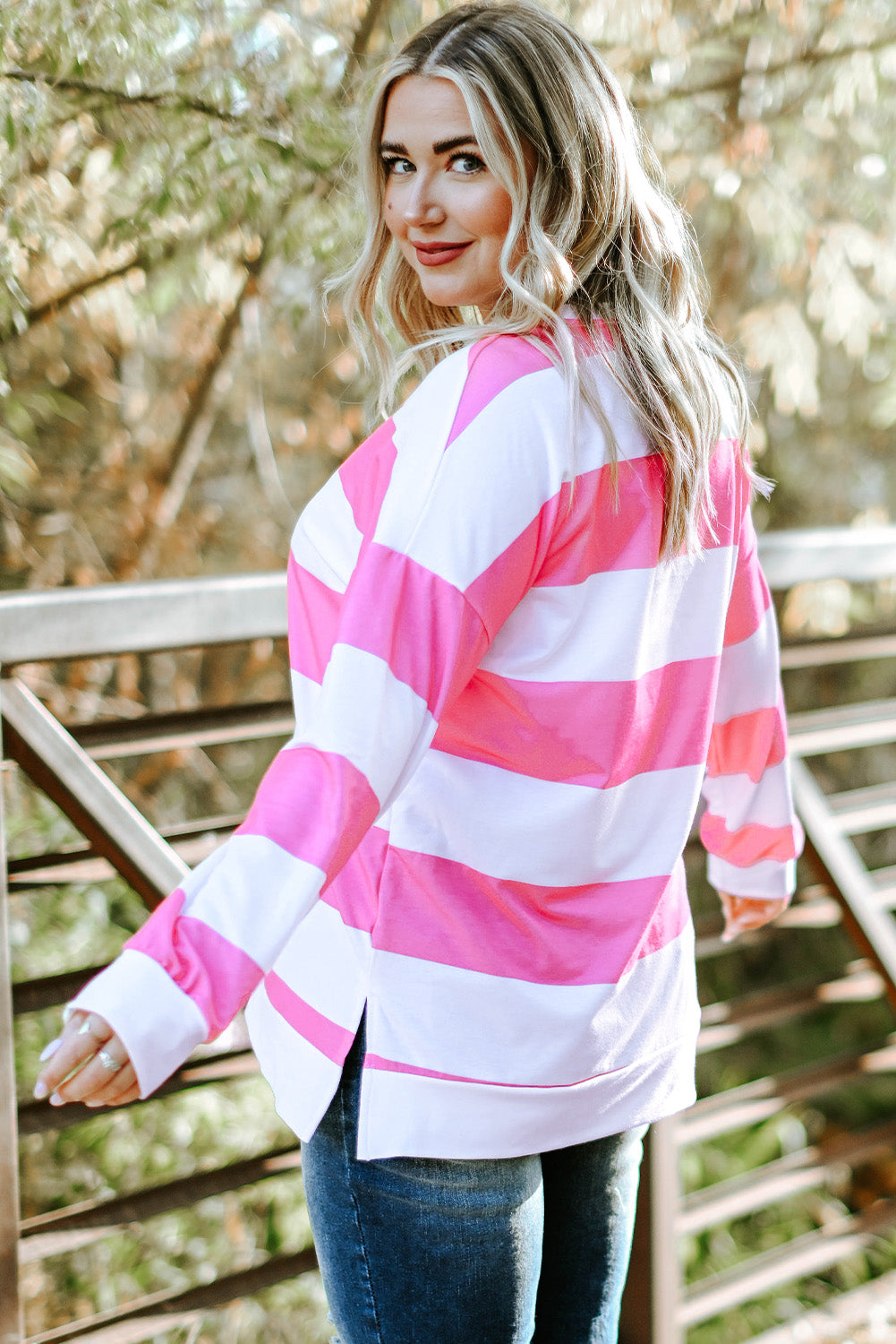 Pink Striped Side Slit Plus Size Sweatshirt