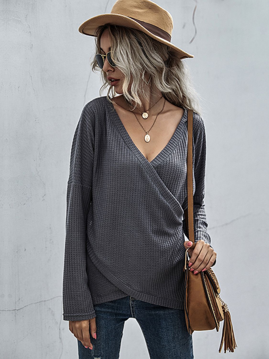 Perfee Waffle-Knit Surplice Long Sleeve Top Dark Gray