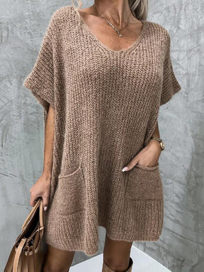 V-Neck Short Sleeve Sweater with Pockets Taupe