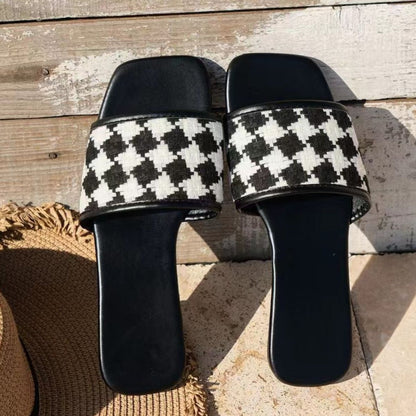 Plaid Open Toe Flat Sandals Black