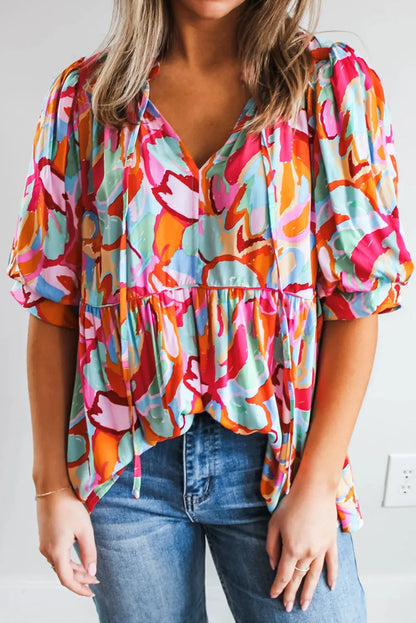 Printed Tie Neck Half Sleeve Blouse Turquoise