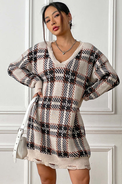 Plaid V-Neck Long Sleeve Sweater Dress Pastel Yellow One Size