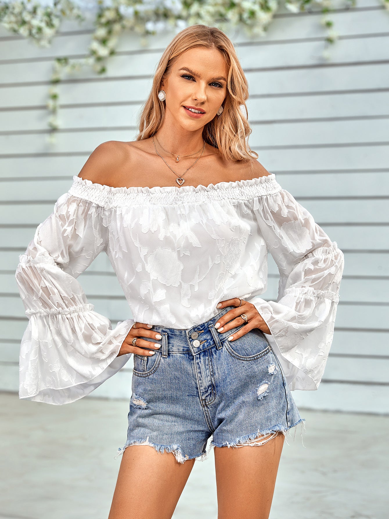 Applique Flounce Sleeve Off-Shoulder Blouse White