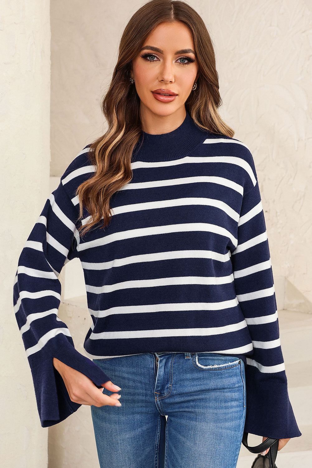 Striped Slit Drop Shoulder Sweater Navy