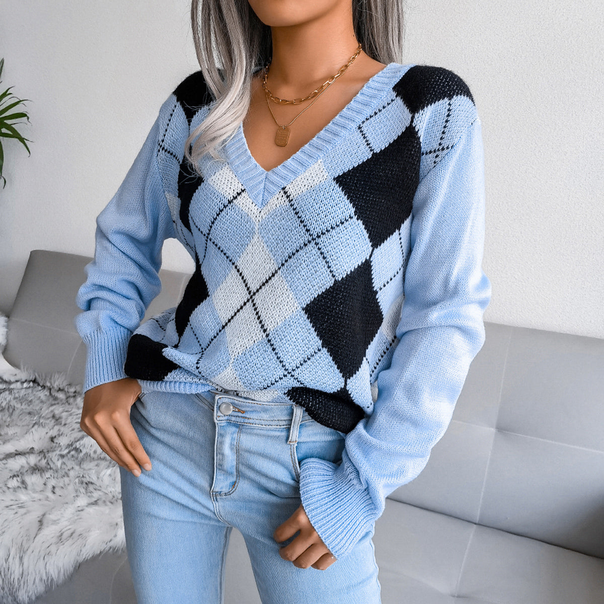 Geometric V-Neck Sweater Pastel Blue