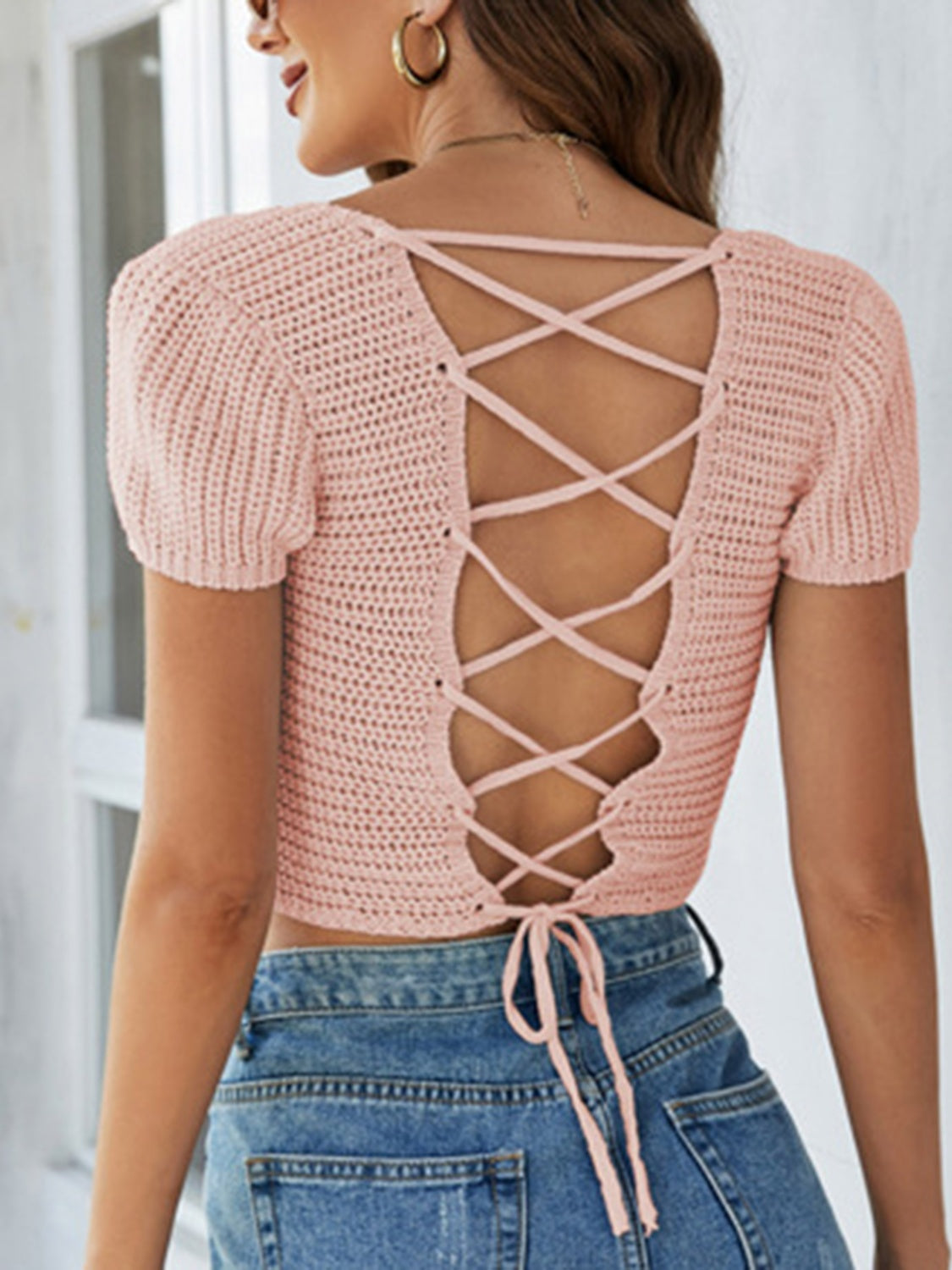 Lace-Up Openwork Square Neck Sweater